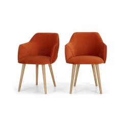 Juego de 2 sillas de comedor con reposabrazos Lule – Terciopelo naranja llama y roble